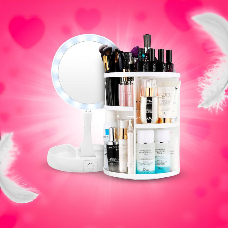 Вращающийся органайзер для косметики + Зеркало с подсветкой для макияжа