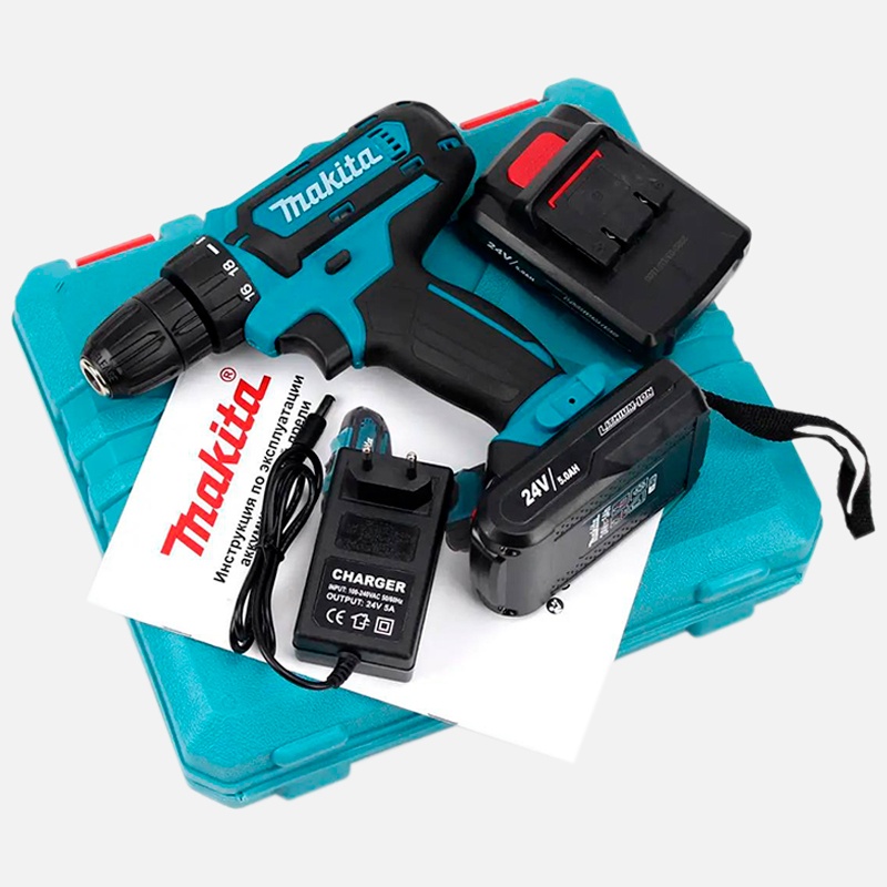 Шуруповерт Makita на 2 аккумулятора 24V с набором инструментов