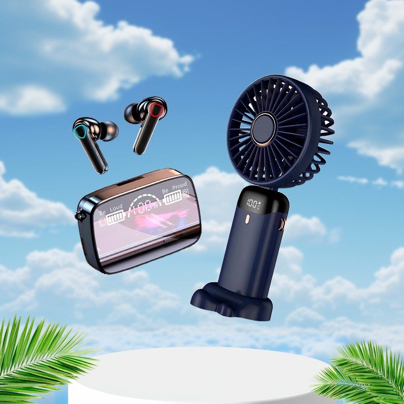 Беспроводные наушники M19 + Портативный мини вентилятор FAN с экраном