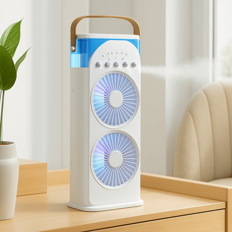 Двойной аккумуляторный вентилятор-кондиционер LED с распылителем водяного тумана и пультом